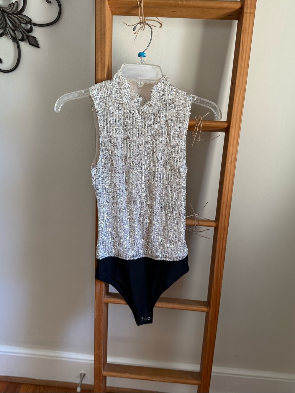 7 For All Mankind Silver Sequin High-Neck Bodysuit with Black Bottom